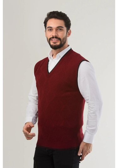 Kamalı Bordo Erkek V Yaka Triko Örgü Tüylenmez Süveter Regular Fit Saç Örgü Desenli Bordo