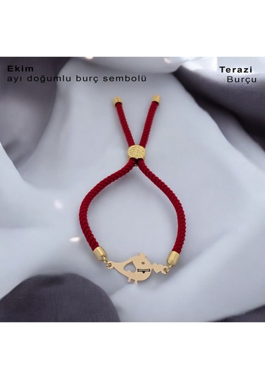 Archin Ekim Ayı Doğumlarına Kırmızı Örgülü 14 Ayar Altın Plakalı Minik Kuş Motifli Hediye Bileklik-363ay Ekim