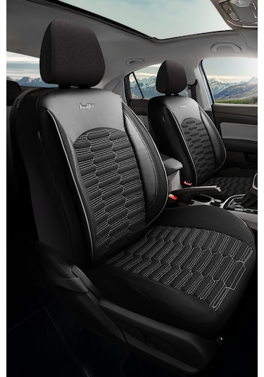 Siyah - Gri Butti Libro Serisi Keten Kumaş Premium Oto Koltuk Kılıfı Destekli, Ön Arka Tam Set