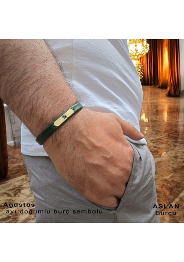 Archin Aslan Burçlarına Dikdörtgen Motifli Yeşil Derili 14 Ayar Altın Plakalı Hediye Bileklik-371burç Aslan