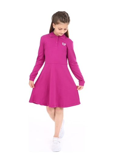 Toontoy Kız Çocuk Polo Yaka Çıtçıtlı Göğsü Baskılı Elbise Mürdüm