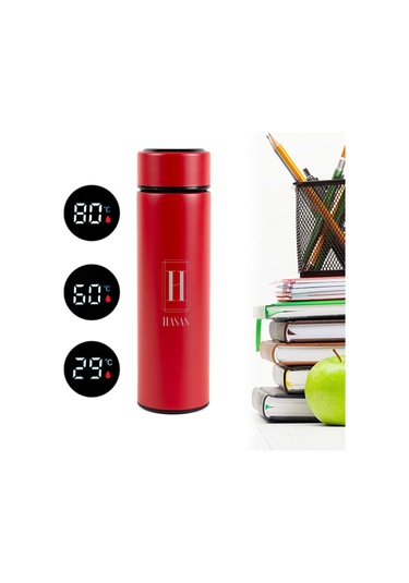 Isim Tasarımlı Dijital Sıcaklık Göstergeli Çelik Termos Kırmızı