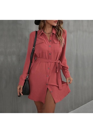 Novahub Erken Sonbahar Kadın Elbise, Uzun Kollu Tek Göğüslü Bağcıklı Düz Renk, Kahve Renkli, Viskoz Kumaş, Uzun Kollu, Diz Boyu, Gündelik Stil, Aile Tatil İstihdam Kahve