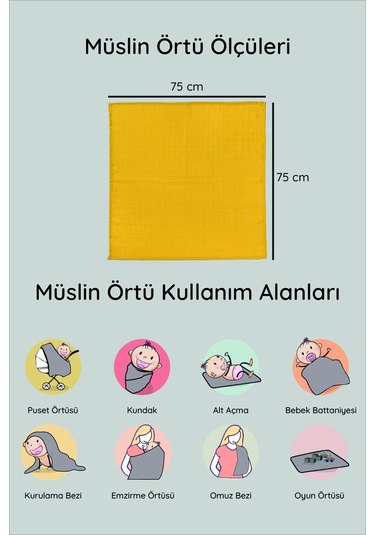 Luckka Dijital Baskılı 3'lü Müslin Örtü Seti - 75x75 Cm - Zt5000 Sarı Sarı