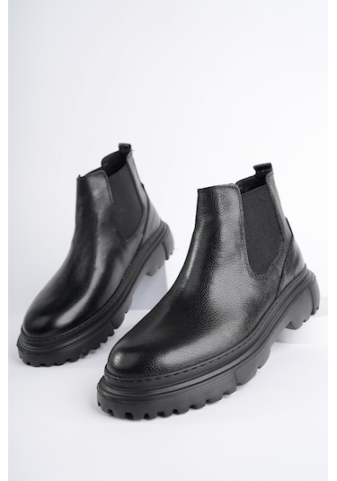 Muggo Thor Garantili Hakiki Deri Kalın Taban Erkek Kışlık Chelsea Bot Siyah