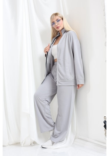 Kadın Büyük Beden Fermuarlı Uzun Kollu Rahat Günlük Eşofman Takım Gri