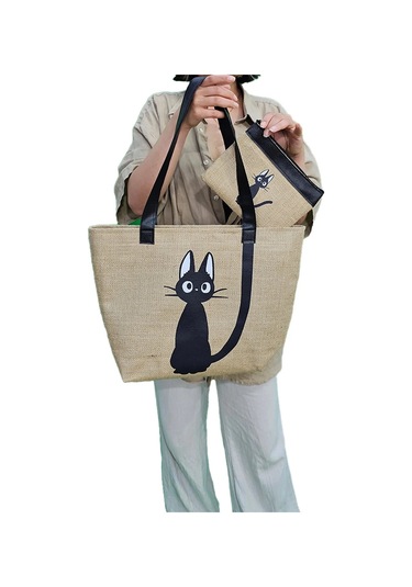 Kedi Baskılı Deri Saplı Hasır Kumaş Baskılı Plaj Çantası Açık Kahverengi