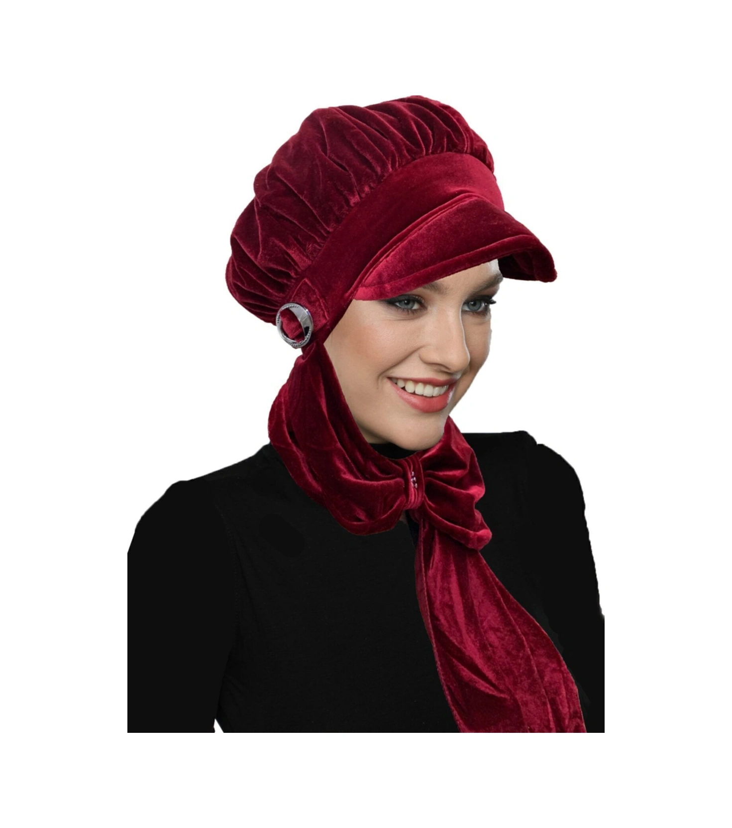 Kadife Şapka Atkılı Toka Detaylı Bordo Hazır Türban Tesettür Bone Bordo