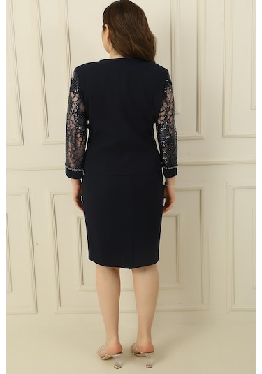 Pulpayet-tül Detaylı Astarlı Elbise Ceket Büyük Beden 2'li Takım-34870 Lacivert