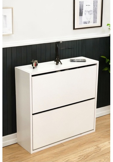 Düşer Kapaklı Ayakkabılık 4 Bölmeli 2 Kapaklı Kayar Raflı Dolap Beyaz