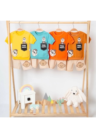 3-18 Ay Erkek Bebek Alt&üst Takımı Maymun 2li Turuncu Turuncu