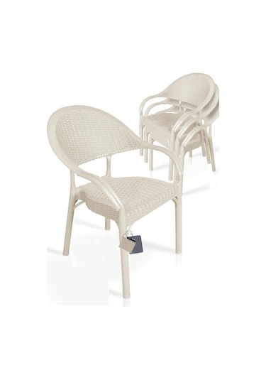 4 Adet Bambu Rattan Kollu Sandalye Koltuk Kapiçino Krem