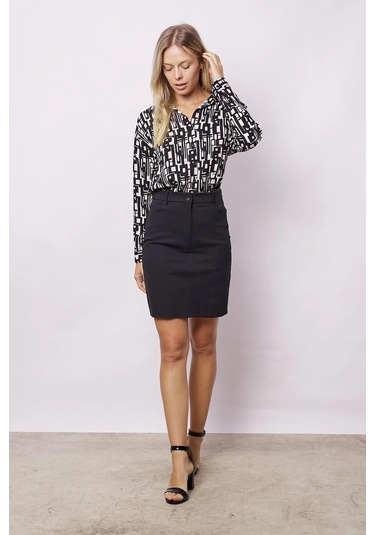 Kadın Cep Detaylı Diz Üstü Hafif Likralı Pamuklu Kumaş Kalem Etek-siyah Siyah