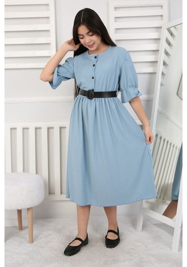 Beli Büzgü Ve Kemerli Kız Çocuk Elbise Mavi