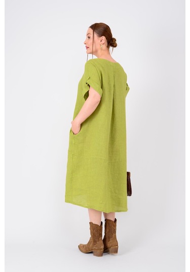 Park Moda 4829 Sprıng Yakada Büzgü Detaylı Keten Elbise Yeşil