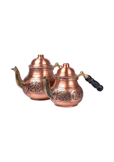 Dmt Gaziantep Bakır Çaydanlık Takımı Ağır İşlemeli Alt:12 Cm Üst:9cm Toplam:1,5lt Ahşap Kulp Bakır