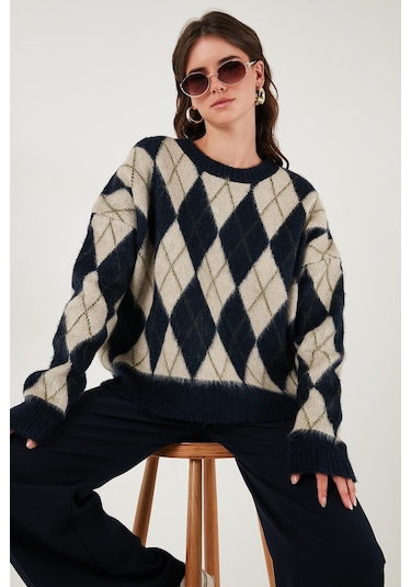 Lela Oversize Fit Bisiklet Yaka Baklava Desenli Yumuşak Dokulu Bayan Kazak 4616223 Lacivert