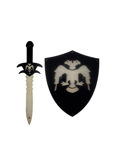 Ahşap Çift Başlı Selçuklu Kalkanı ve Kılıcı  Siyah