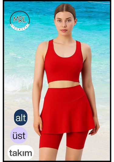 Kadın Takım Alt - Üst Biker Şort Diz Üstü &crop Bra Ped Destekli Denizde Havuzda Sporda Kırmızı Kırmızı