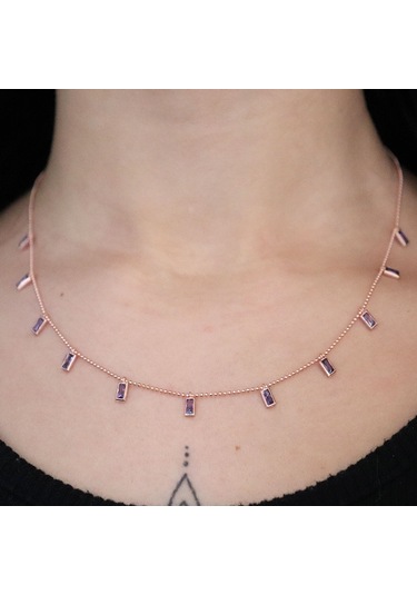 925 Ayar Rose Ametist Taşlı Gmüş Shakıra Kolye