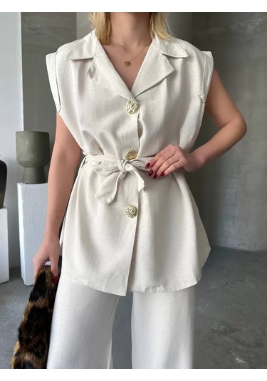 Keten Sıfır Kol Kuşaklı Ceket Pantolon İkili Takım - Beyaz Beyaz