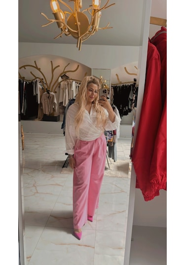 Kadın Palazzo Pile Ve Düğme Detay Pantolon Pembe