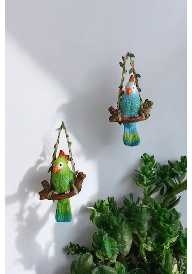 2 Adet Dekoratif Sallanan Duvar Ve Bahçe Süsü Papağan Mavi-yeşil