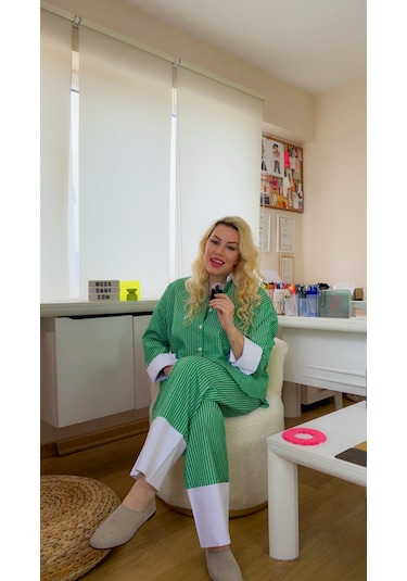 Modaonna Beyaz Çizgili Yeşil Gömlek Pantolon Takım