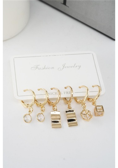Byzeynaaksesuar Kadın Zirkon Taşlı Sallantılı Kare Figürlü Klipsli 6'lı Küpe Seti Çok Renkli