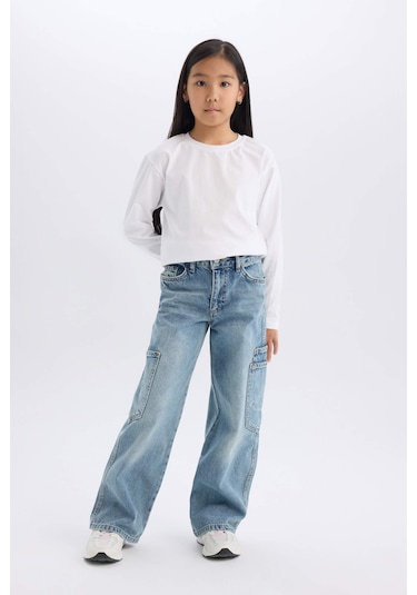 DeFacto Kız Çocuk Wide Leg Kargo Geniş Paça Jean Pantolon D7386A825SMNM39 Mavi