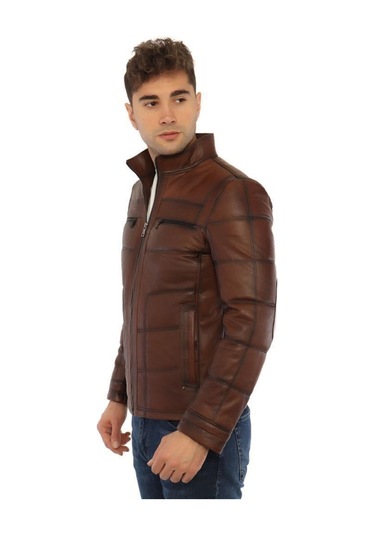 Hakiki Kuzu Derisi İşlemeli Fermuarlı Erkek Deri Ceket Kahverengi Kahverengi