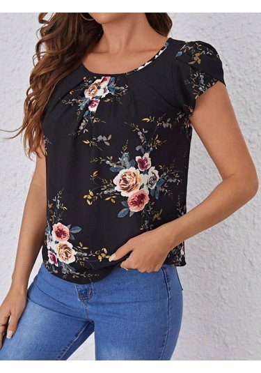 Kadın Kısa Kollu Bisiklet Yaka Çiçek Baskılı Süprem Bluz Siyah