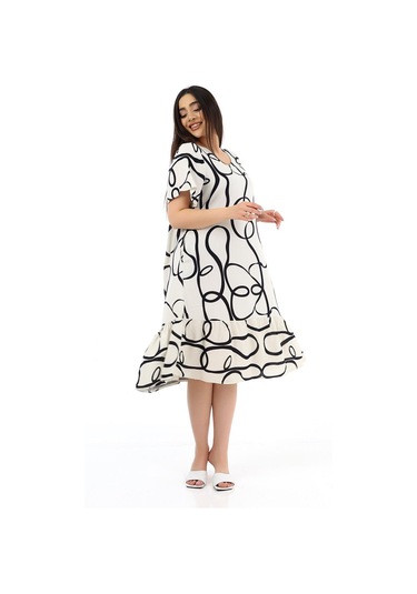 Schık Kadın Viskon Yarım Kol V Yaka Fırfırlı Elbise Ekru Ekru