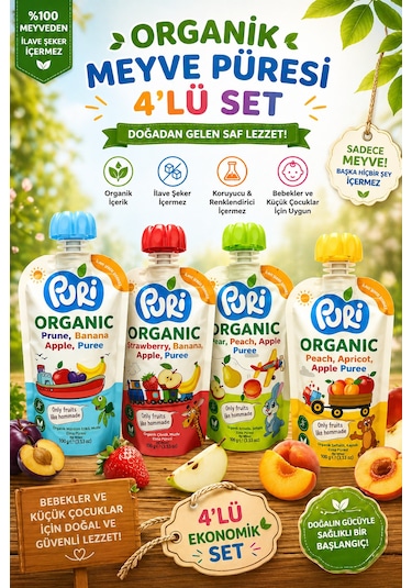 Organic %100 Organik Meyve Püresi 100 G x 4 Karışık Aroma İlave Şekersiz 4'lü Set