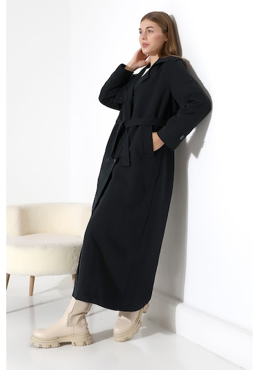Amazon Keten Kumaş Uzun Boy Düğmeli Astarlı Yumuşak Dokulu Trenç Kot Siyah Siyah