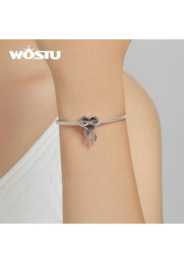 Wostu Açacağı Renkli Rhinestones Kalp Şeklinde Dreamcatcher 925 Ayar Gümüş Göz Alıcı Boncuk Fit Orijinal Bilezik Bileklik Dıy Güzel Takı Gümüş
