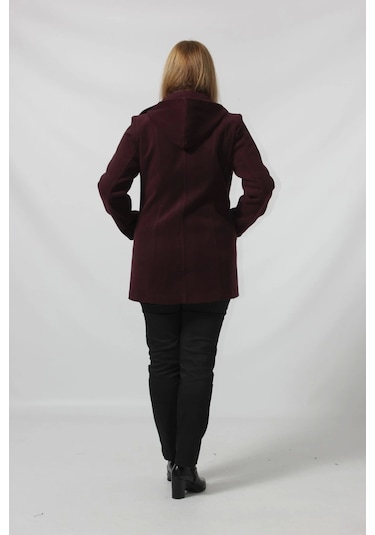 Moda Berray Önü Fermuarlı Ve Düğme Detaylı Kapüşonlu Kaşe Kaban Bordo