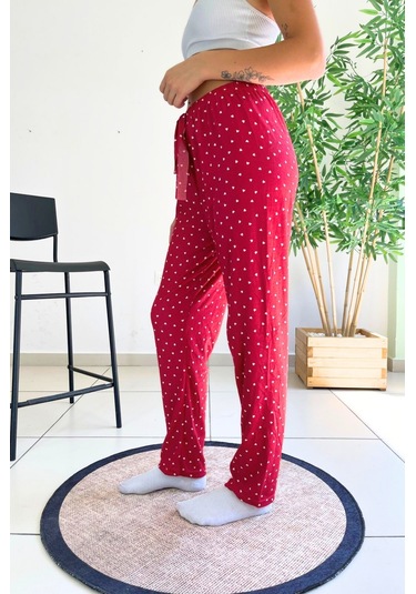 Farya Home Dreamy Soft Kadife Dokulu Desenli Süet Pijama Altı Pantolon Bordo