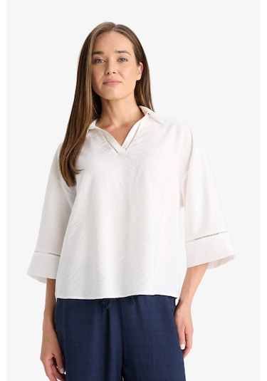 Defacto Relax Fit Gömlek Yaka Uzun Kollu Bluz F4977ax25auer105 Ekru