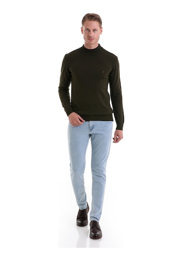 Hatemoğlu Regular Fit Düz Yarım Balıkçı Yaka Erkek Triko Kazak Haki