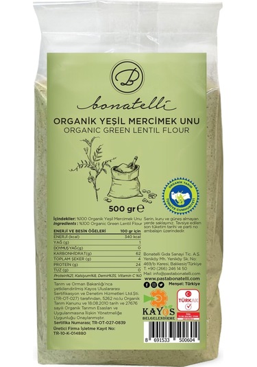 Bonatelli Organik Yeşil Mercimek Unu 500 G
