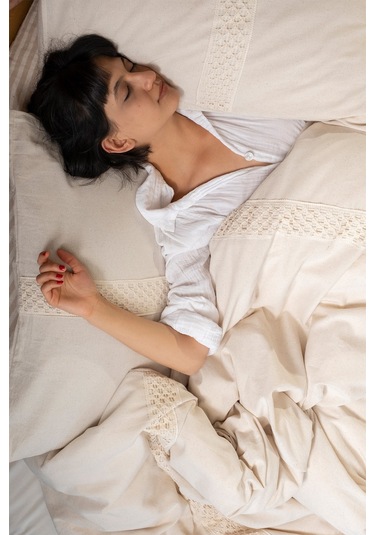 Vivamaison Ham Keten Dantelli Çift Kişilik Nevresim Yastık Seti Lacivert