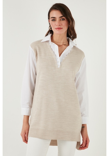 Lela Modest Standart Fit Gömlek Yaka Tesettür Triko Bayan Tunik 4612148 Bej
