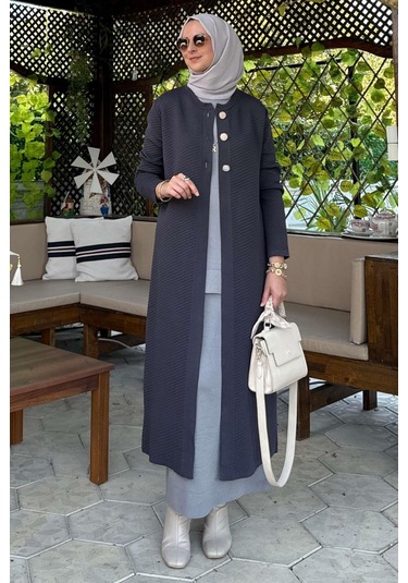 Sinem Çelik Örme Triko Hırka Antrasit Çok Renkli