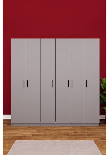 Asra Trend 6 Kapaklı Gardırop G-06 %100 MDF Çift Katlı Askılı Elbise Dolabı Kül Gri