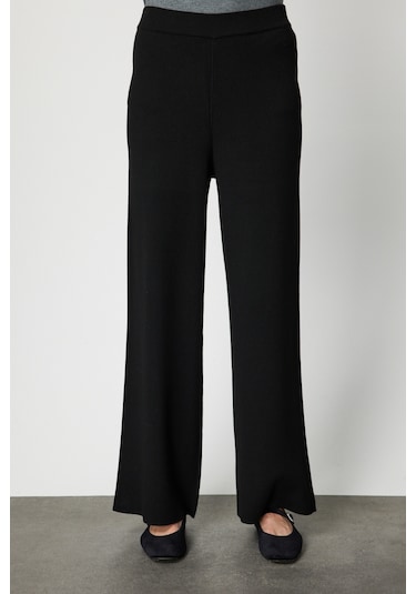 On Kadın Beli Lastikli Bol Paça Triko Pantolon 63321 Siyah Siyah