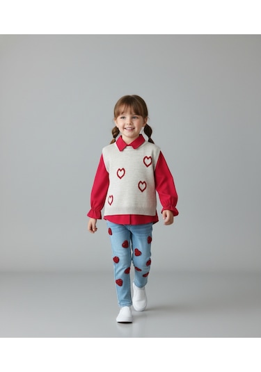 Kalp Desenli Yelekli Üçlü Takım Kız Çocuk Kırmızı