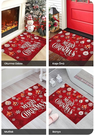 Brillahome Yılbaşı Desenli Kırmızı Kapı Önü Paspası, Yılbaşı Kapı Paspası 45x70cm Kırmızı