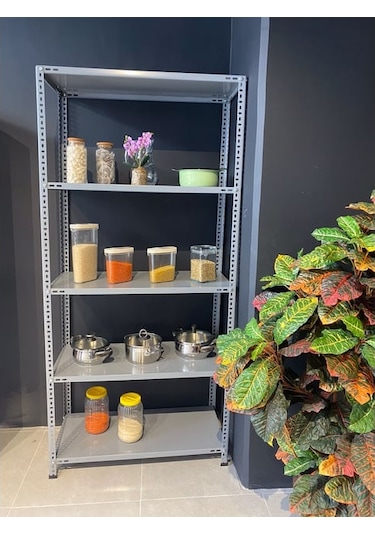 5 Katlı Gri Boyalı Çelik Raf - Depo, Arşiv, Kiler, Dosya, Market Rafı 59x93 Cm-200 Cm Gri
