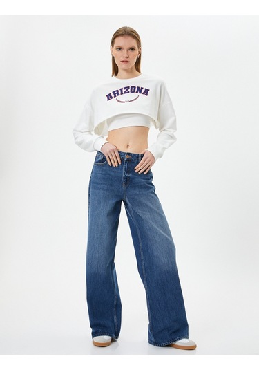 Koton Crop Sweatshirt Baskılı Bisiklet Yaka Uzun Kollu Beyaz 4sak10275ek Beyaz